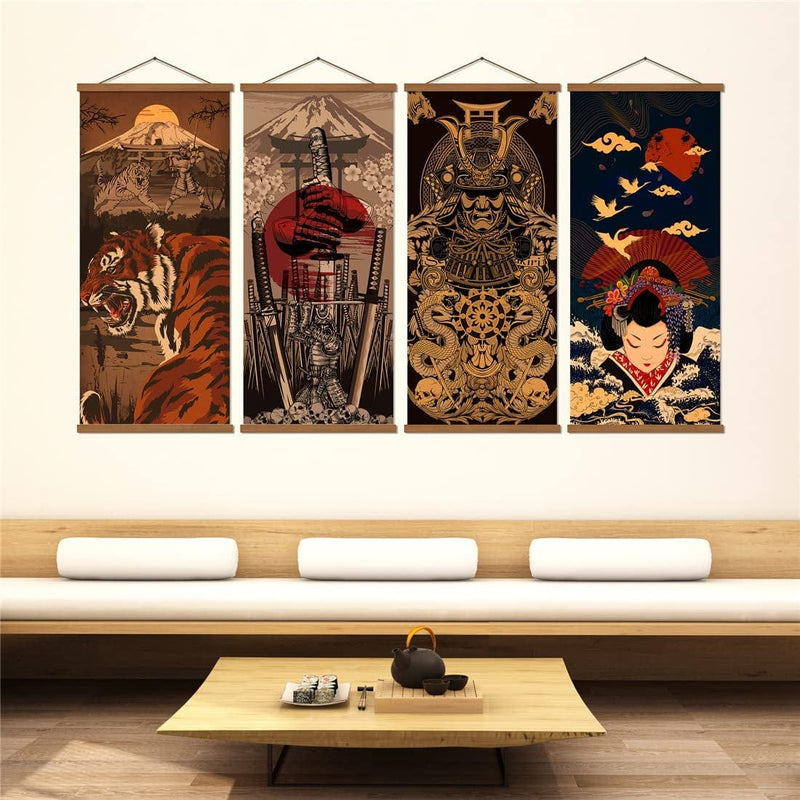 WEROUTE 4 Piece Japanese Warrior Canvas Samurai Wall Art Print Poster Artwork Home Decorations with Frame Ready to Hang Decorative 16”X35” Home & Garden > Decor > Artwork > Posters, Prints, & Visual Artwork WEROUTE   