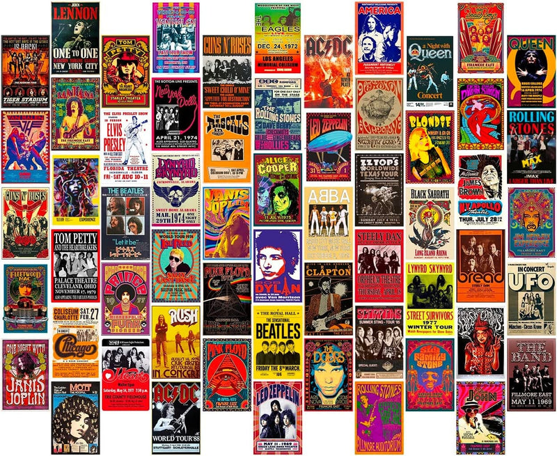 Woonkit 60 PC Vintage Rock Band Posters for Room Aesthetic, 70S 80S 90S Retro Music Room Wall Bedroom Decor Wall Art, Vintage Rock Band Music Concert Poster Wall Collage, Old Music Album Cover Prints (A 60 SET, 4X6 INCH)