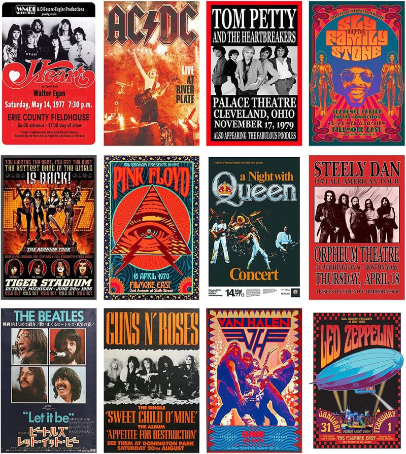 Woonkit Vintage Rock Band Posters for Room Aesthetic, 70S 80S 90S Retro Music Room Wall Bedroom Decor Wall Art, Vintage Rock Band Music Concert Poster Wall Collage, Old Music Album Cover Prints (12 SET B, 7.8X11.8 INCH)