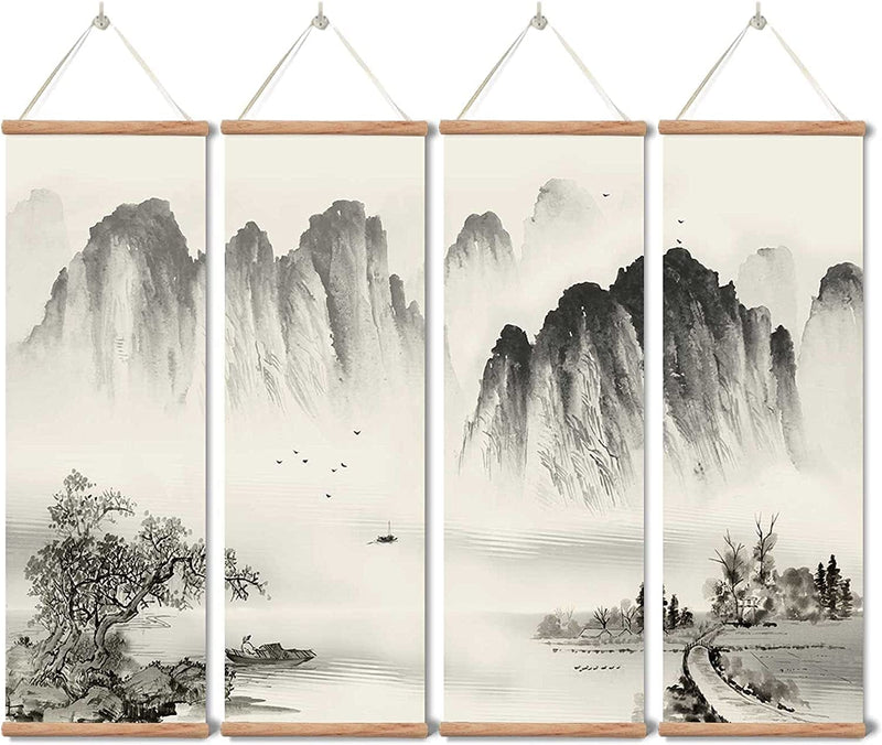 Zhugege Landscape Painting ,Wall Art Black and White for Living Room Bedroom,Chinese Traditional Ink Decor,Posters and Prints,4 Piece Set Fixed Wooden Hanging Scroll (12”X36”X4Piece) Home & Garden > Decor > Artwork > Posters, Prints, & Visual Artwork YODOOLTLY   