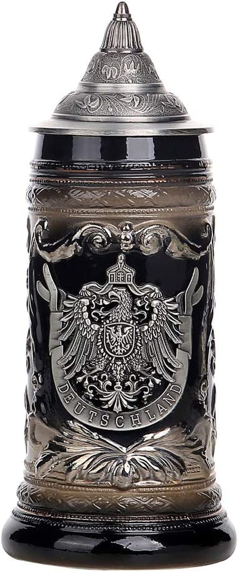 0.6 Liter Charcoal Black Ceramic Stein Beer Mug with Medieval Germany Eagle Coat of Arms on Engraved Metal Medallion