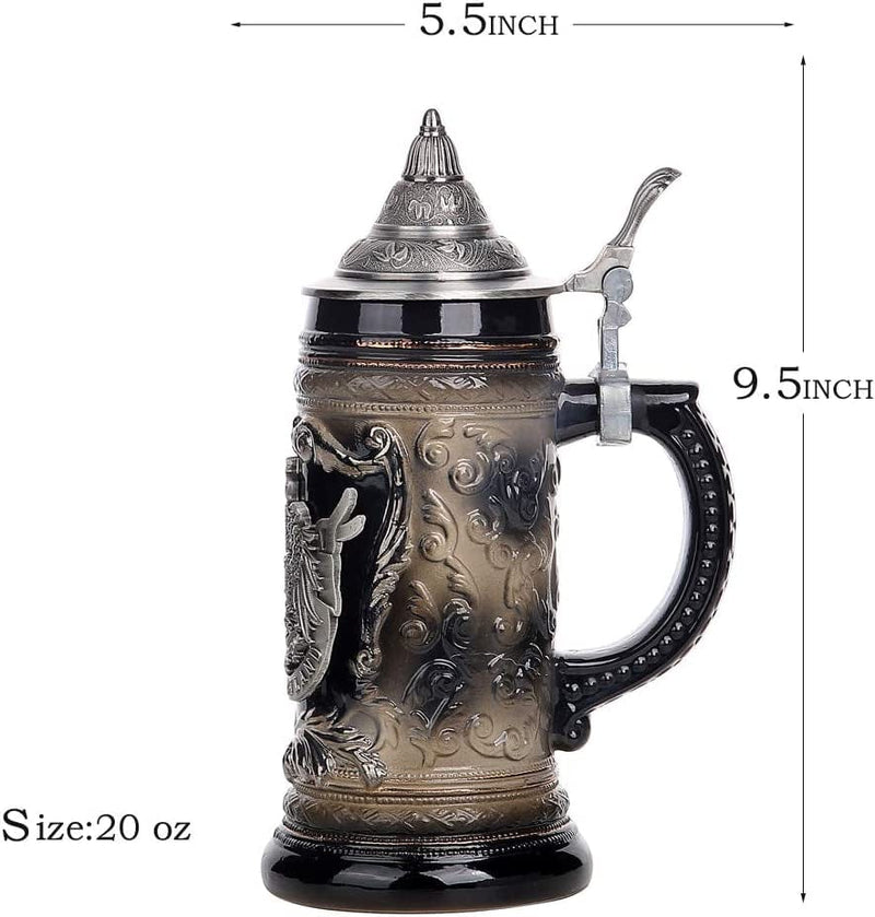 0.6 Liter Charcoal Black Ceramic Stein Beer Mug with Medieval Germany Eagle Coat of Arms on Engraved Metal Medallion Home & Garden > Kitchen & Dining > Tableware > Drinkware AEIDDRWAA   