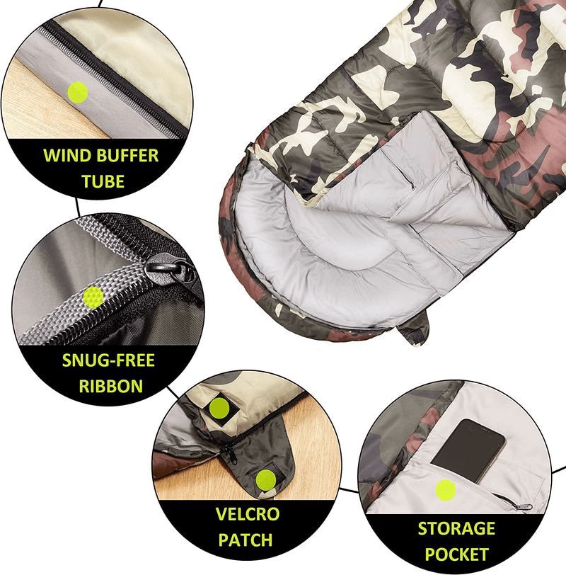 0 Degree Winter Sleeping Bags for Adults Camping (450GSM) - Temp Range (5F–32F) Portable Waterproof Compression Sack- Camping Sleeping Bags for Big and Tall in Env Hoodie: Backpacking Hiking 4 Season