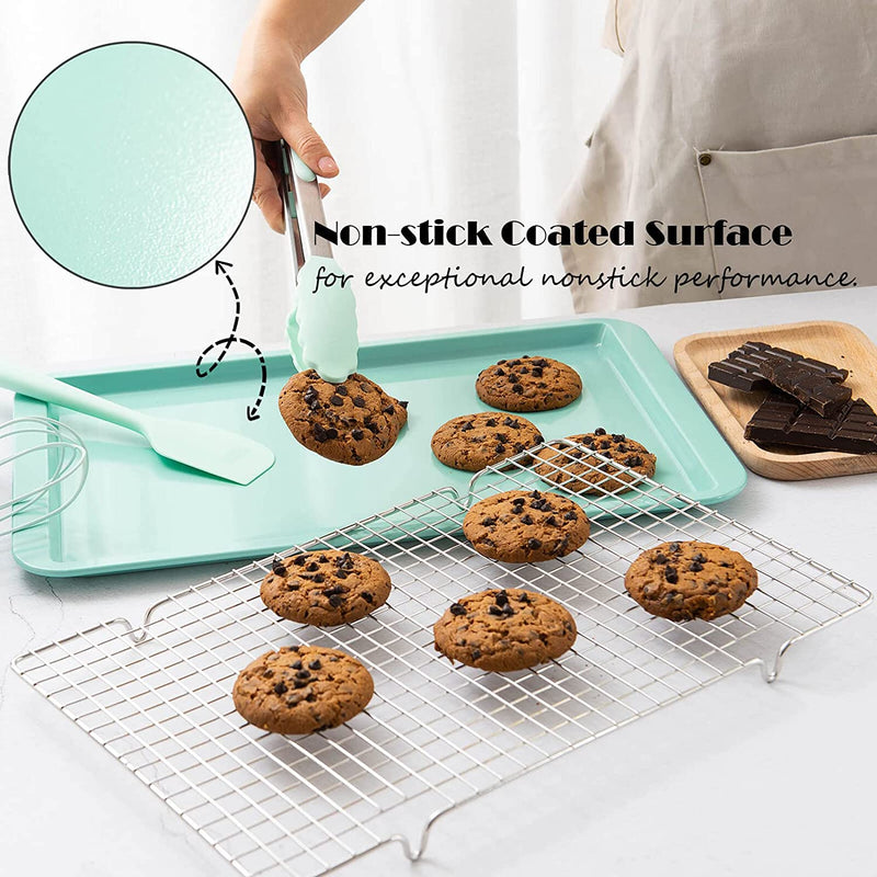 Rorence Bakeware Set Kitchen Oven Baking Pans Set: Nonstick Carbon Steel Cookie Sheet, Rectangular Cake Pan, 2 round Cake Pans, Muffin Pan, Loaf Pan & Cooling Rack - Set of 7 - Mint Green
