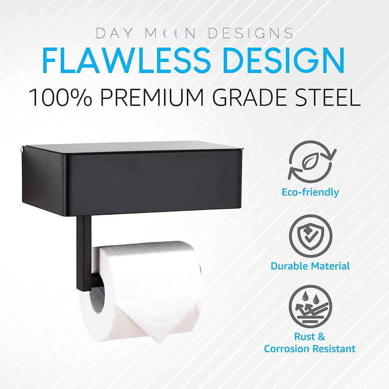 Day Moon Designs Toilet Paper Holder with Shelf - Flushable Wipes Dispenser & Storage Fits Any Bathroom, Keep Your Wet Wipes Hidden - Stainless Steel Wall Mount Bathroom Organizer - Matte Black, Large Home & Garden > Household Supplies > Storage & Organization Day Moon Designs   