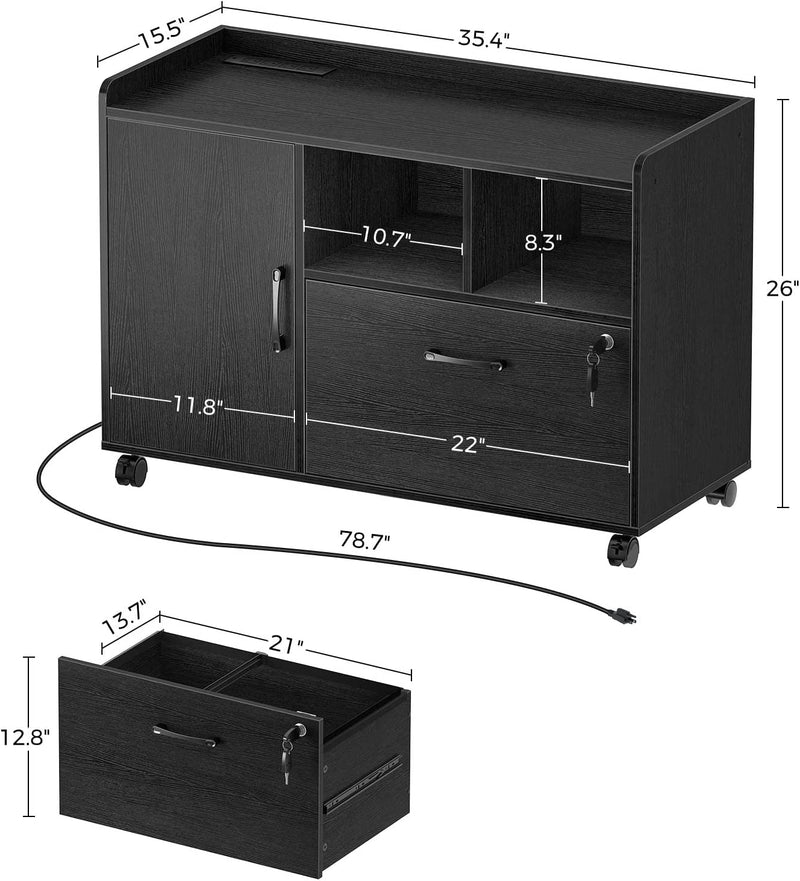 Rolanstar File Cabinet with Charging Station, Mobile Lateral Filing Cabinet with Locking Drawers, Printer Stand with Open Storage Shelf with Wheels, for Letter/Legal / A4 Size Files, Black Home & Garden > Household Supplies > Storage & Organization Rolanstar   