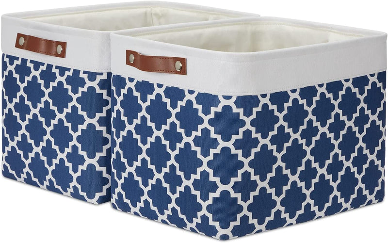 DULLEMELO Storage Bins 16"X12"X12" with Leather Handles for Organizing,Decorative Collapsible Storage Baskets for Shelves Closet Home Office (Black&Grey) Home & Garden > Household Supplies > Storage & Organization DULLEMELO White&Lattice Blue Large-16"x12"x12" 