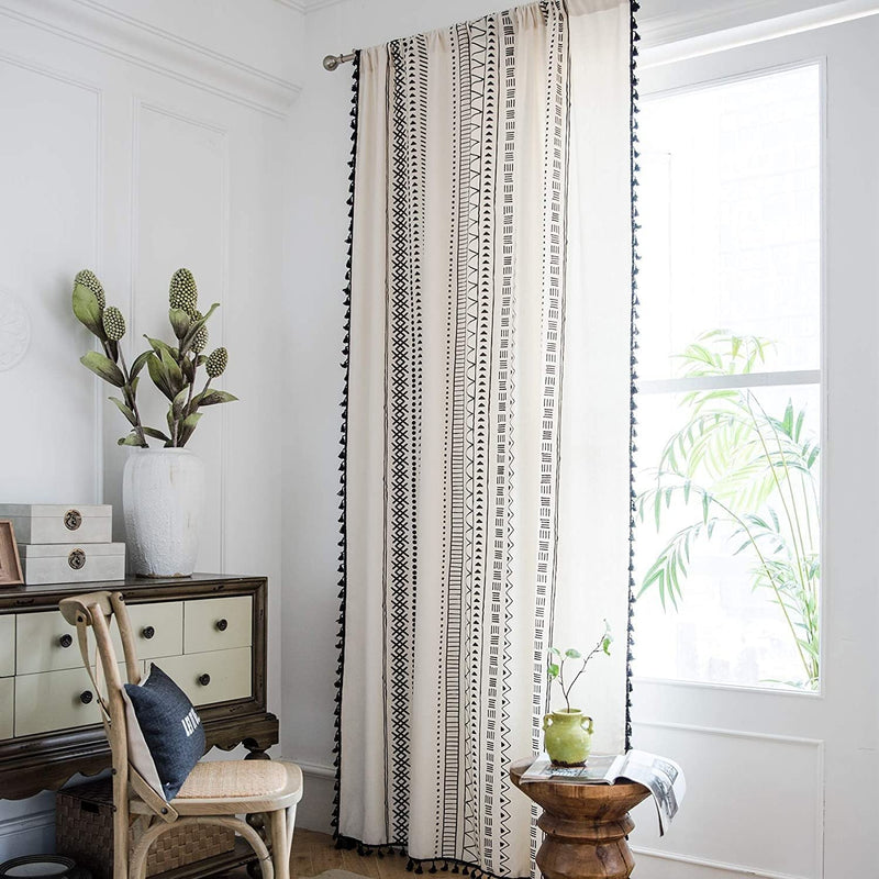 Hughapy Boho Curtains for Bedroom Bohemian Geometric Tassel Curtains Rod Pocket Cotton Linen Farmhouse Country Style Room Darkening Curtain Panel for Living Room, 1 Panel (59W X 87L, Cream) Home & Garden > Decor > Window Treatments > Curtains & Drapes Hughapy Cream 59W x 87L 