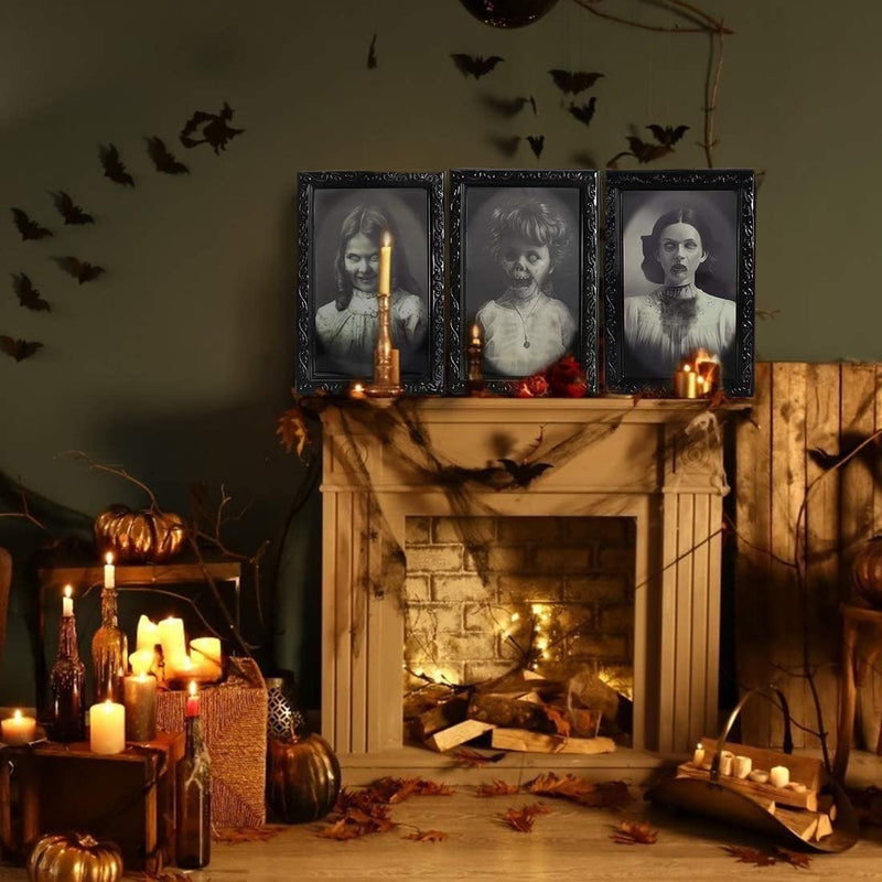 Halloween Decorations Indoor Scary Wall Decor, 3Pack 3D Changing Face Moving Picture Frames Portrait, Gothic Horror Poster Castle Haunted House Mansion Decor Decoration Party Supplies  Lansian   