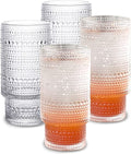 Glass Cups Vintage Glassware | Set of 4 Small, Embossed Stackable Pattern Style Transparent Cocktail Glasses Set, Ice Coffee Cup Juice Drinkware, Clear, 190Ml (S)
