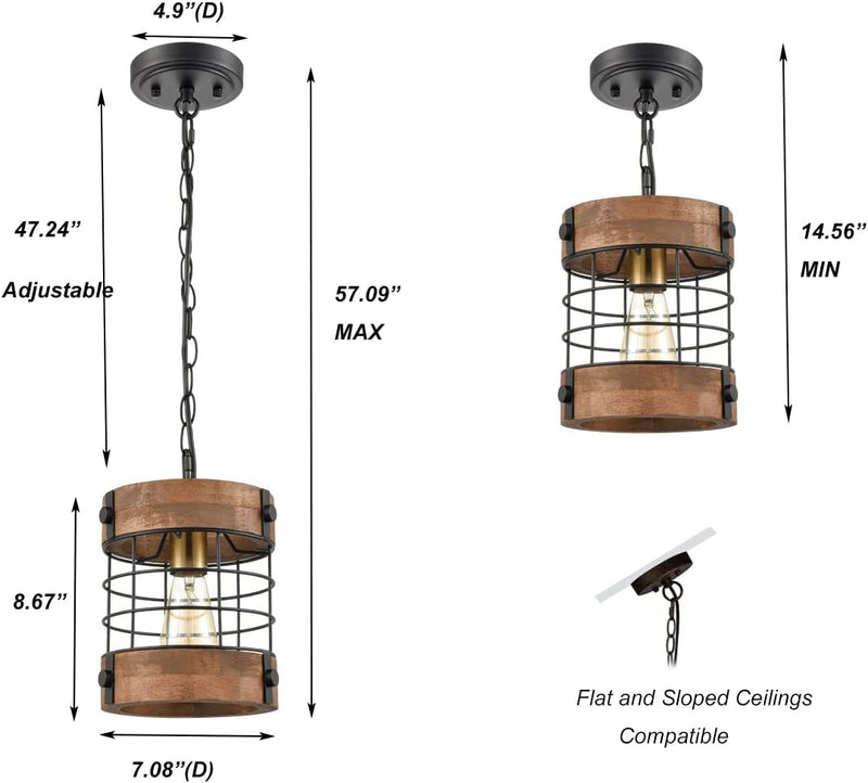 DIRYZON EUL Rustic Kitchen Pendant Hanging Light Wood & Metal Wire Cage Ceiling Lamp Shade Distressed Brown Home & Garden > Lighting > Lighting Fixtures EUL   