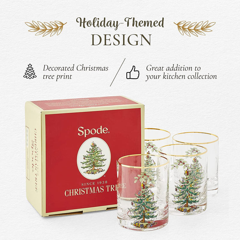 Spode Christmas Tree Glass, Double Old Fashion (DOF) Glasses, Gold Rimmed, 14-Ounce,Classic Holiday Design, Serve Whiskey, Creamy Eggnog or Other Beverages-Set of 4 Home & Garden > Kitchen & Dining > Tableware > Drinkware Spode   
