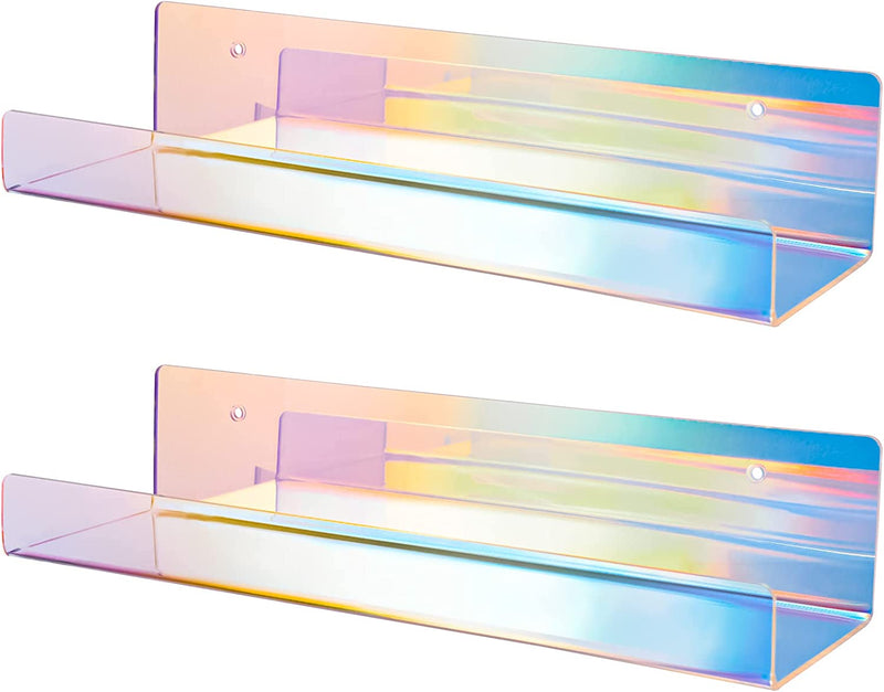 Nihome 2PCS Iridescent Wall Mounted Clear Acrylic Floating Shelves, Attom Tech 15" Thick Invisible Wall Ledge Bookshelf Kids Book Display Shelves for Home, Office, School, Business Furniture > Shelving > Wall Shelves & Ledges Attom Tech   