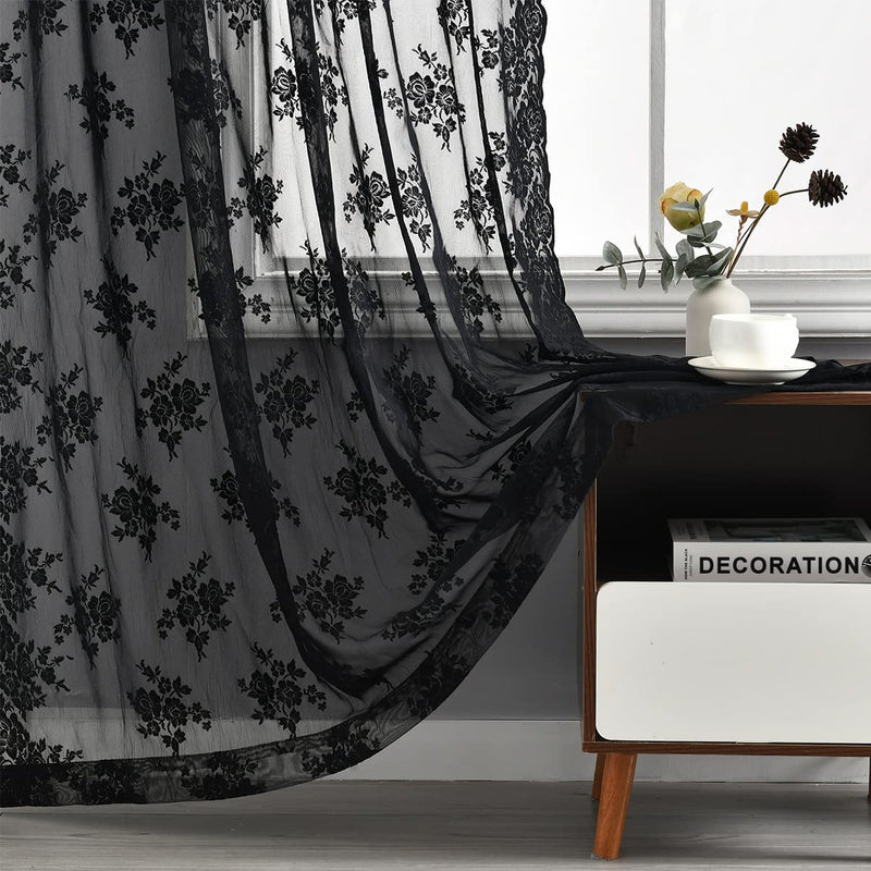 Kotile Black Lace Curtains 84 Inches Long - Vintage Floral Black Sheer Curtains 2 Panels, Gothic Sheer Lace Curtains for Living Room, Rod Pocket Black Sheer Window Curtain Panels, 52 X 84 Inch, Black Home & Garden > Decor > Window Treatments > Curtains & Drapes Kotile Black 52 in x 84 in (W x L) 