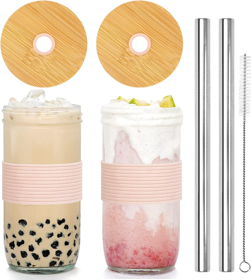Mason Jar with Lid and Straw, ANOTION 32Oz Wide Mouth Boba Cup Reusable Drinking Glasses Tumbler Smoothie Water Bottles for Iced Coffee Margaritas Ice Cream Juice Cocktail Travel Office Home Home & Garden > Kitchen & Dining > Tableware > Drinkware ANOTION 2 Jars: Upgrade Bamboo Lid+Pink Non-Slip Cover  