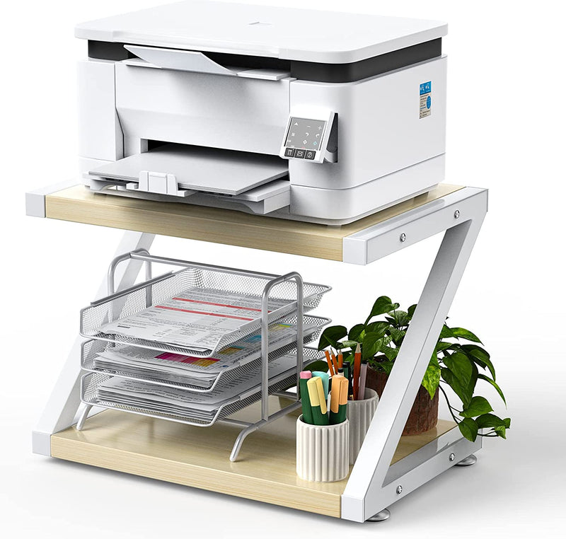 HUANUO Printer Stand, Desktop Stand for Printer, Printer Stand with Storage, Desktop Shelf with Anti-Skid Pads, Printer Table Organizer, Printer Shelf W/ 2 Tier Tray & Hardware & Steel (Light Wood)
