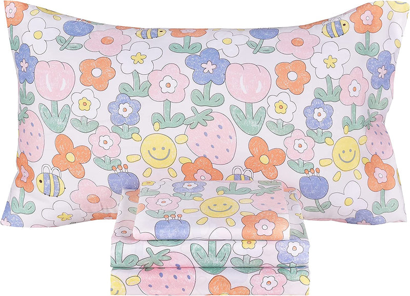 Scientific Sleep Sunshine Bees in Flower Cute Fun Soft Sheets Set Twin, Fitted Sheet with 14" Inch Deep Pocket, 100% Microfiber Polyester Bedding Sheet Set for Girls Teen Kids Gift (19, Twin)