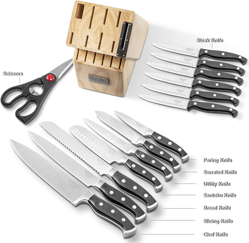 Professional 15-Piece German High Carbon Stainless Steel Kitchen Knife Set, Ocean Series Premium Forged Full Tang Chef Knives Set with Rubber Wood Block, Black