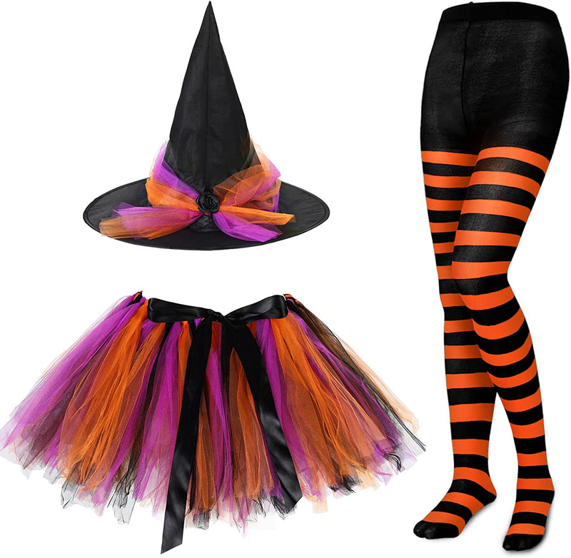 SATINIOR Halloween Witch Costume for Women Hat Tutu Skirt and Striped Tights for Girls