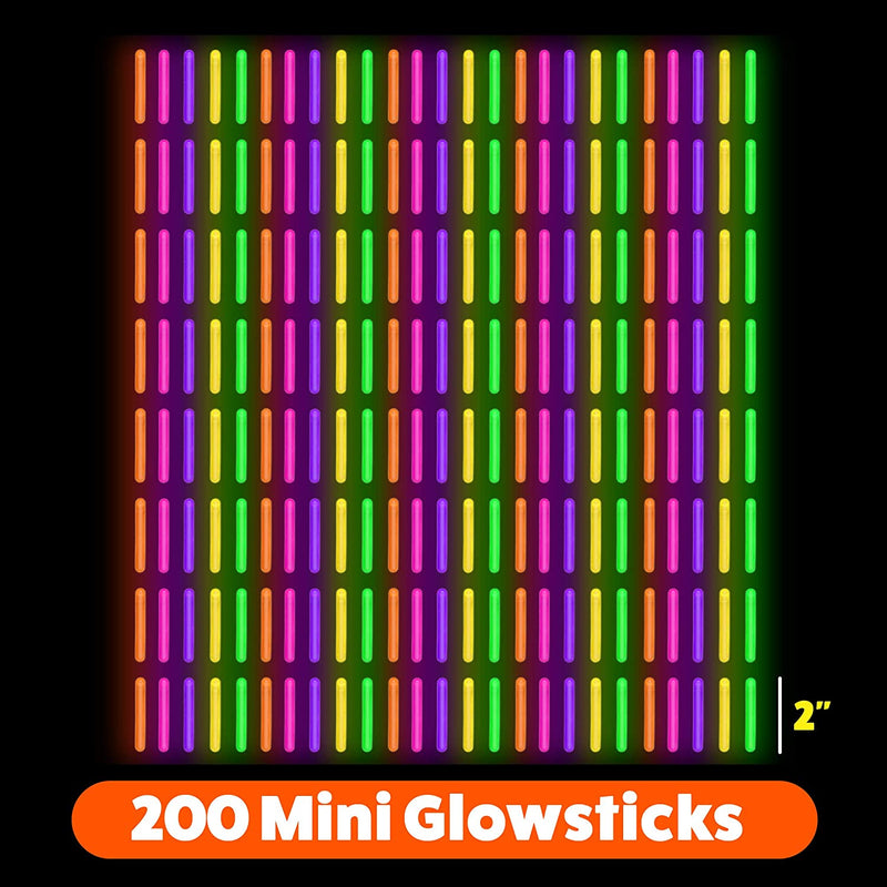 Partysticks Mini 2" Glow Sticks 200 Pack Glow-In-The-Dark Small, for Easter Eggs, 5 Colors, Neon Light Sticks Bulk Party Favors, Easter Basket Stuffer Party Pack, Weddings Classroom Decorations Prizes