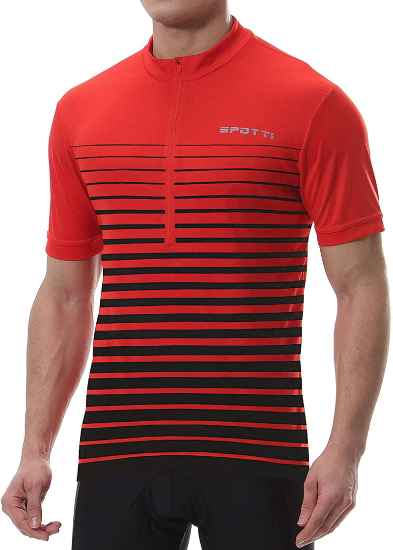 Spotti Men'S Cycling Bike Jersey Short Sleeve with 3 Rear Pockets- Moisture Wicking, Breathable, Quick Dry Biking Shirt Sporting Goods > Outdoor Recreation > Cycling > Cycling Apparel & Accessories Spotti Red Stripe Small 