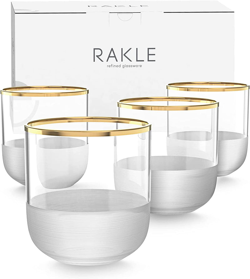 Rakle Drinking Glass Set of 4 – 10 Oz Hand Painted Glassware Sets – Deluxe Bourbon Glass for Whiskey, Cocktails, Wine – Premium Glass Material – Half Matte with Gold Rim – Ideal for Home, Bar, Events