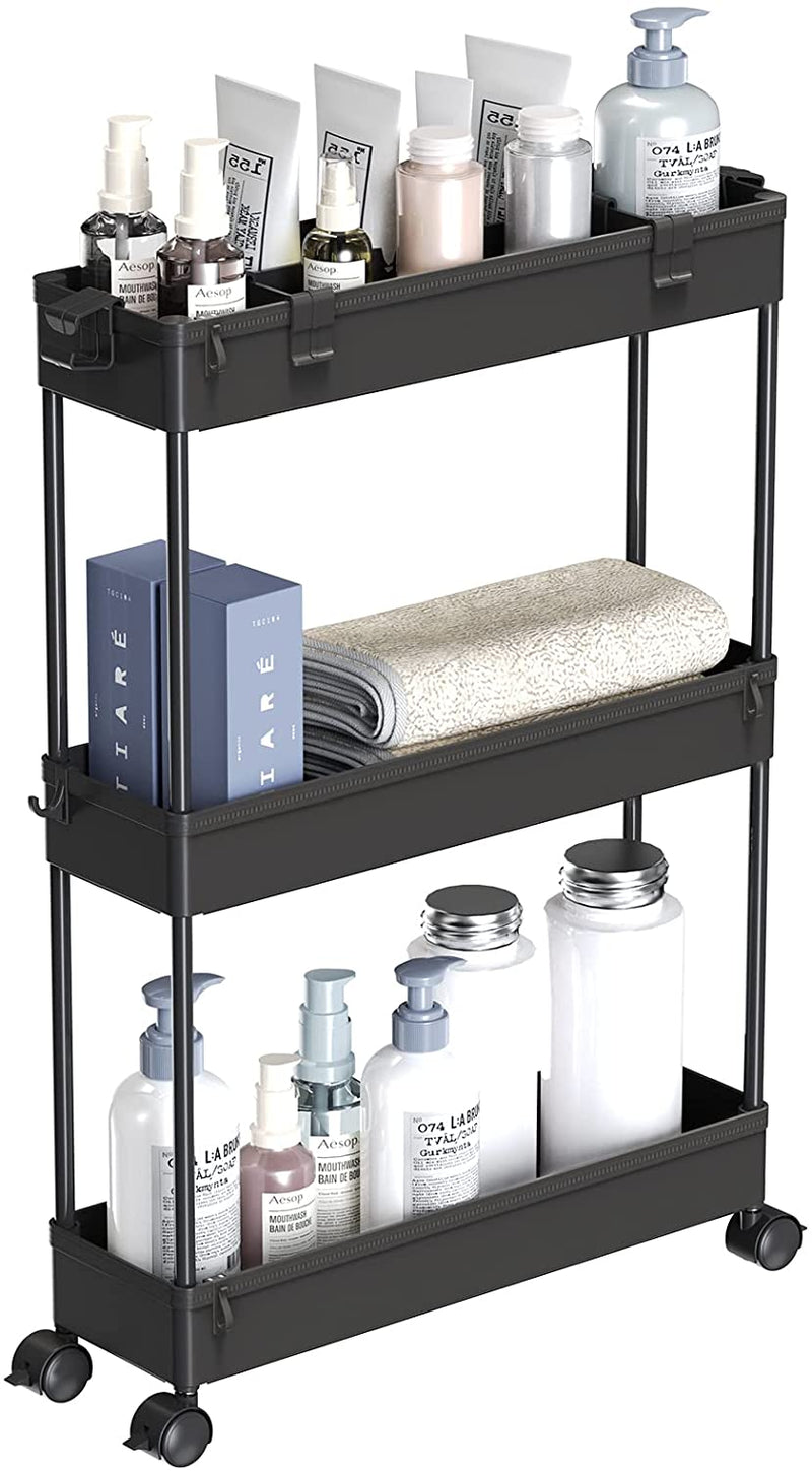 SPACELEAD Slim Storage Cart,3 Tier Bathroom Rolling Utility Cart Storage Organizer Slide Out Cart, Mobile Shelving Unit Organizer Trolley for Office Bathroom Kitchen Laundry Room Narrow Places, Black