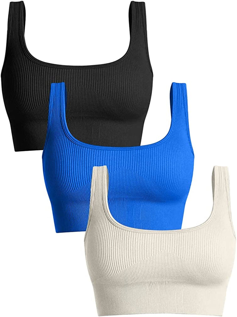 OQQ Women'S 3 Piece Medium Support Tank Top Ribbed Seamless Removable Cups Workout Exercise Sport Bra Sporting Goods > Outdoor Recreation > Winter Sports & Activities OQQ Black Blue1 Beige Small 