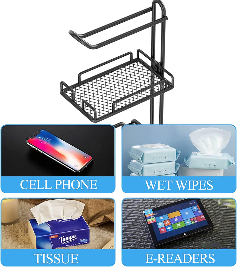 GILLAS Free Standing Toilet Paper Holder Stand, Bathroom Toilet Tissue Paper Roll Storage Holder with Shelf and Reserve for Bathroom Storage Holds Wipe, Mobile Phone, Mega Rolls, Black Home & Garden > Household Supplies > Storage & Organization GILLAS   