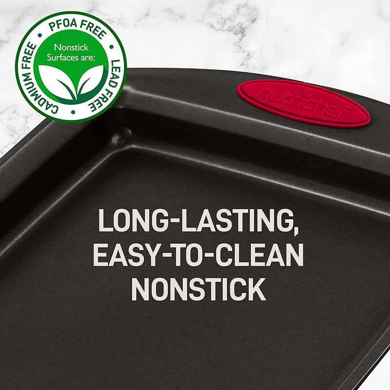 Nutrichef 2-Piece Baking Pan Set - PFOA, PFOS, PTFE Free Flexible Nonstick Black Coating Carbon Steel Bakeware - Professional Home Kitchen Bake Cookie Sheet Stackable Tray W/ Red Silicone Handles Home & Garden > Kitchen & Dining > Cookware & Bakeware NutriChef   