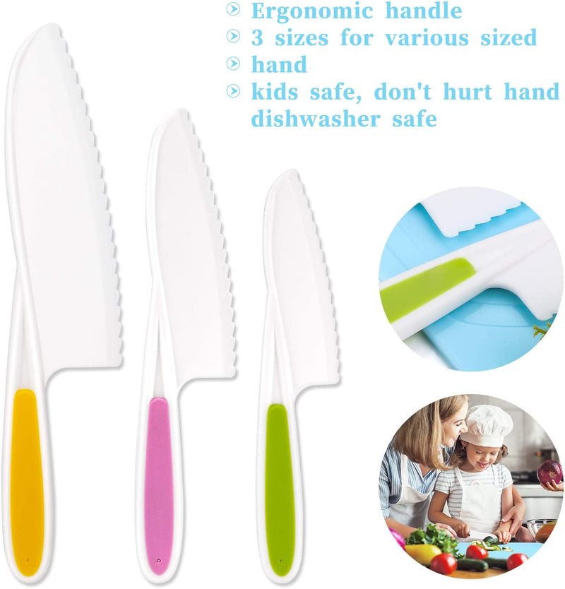 LEEFE 3 Pieces Kids Knife Set for Cooking, with Cutting Board, Safe Lettuce and Salad Knives, Kids Cooking Utensils in 3 Sizes & Colors, Serrated Edges, Plastic Safe Kitchen Knife Home & Garden > Kitchen & Dining > Kitchen Tools & Utensils > Kitchen Knives LEEFE   