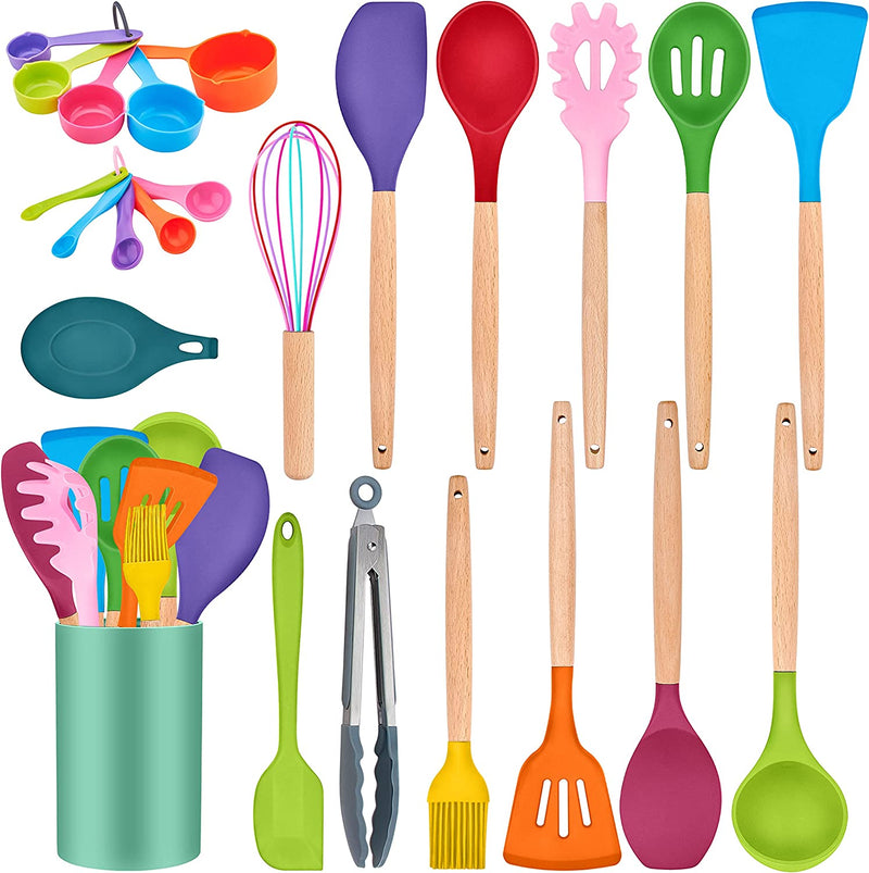 Teamfar 24PCS Cooking Utensil Set with Holder, Silicone Kitchen Cookware Tools with Wooden Handle, Spatula Spoon Turner, Non-Toxic & Non-Stick, Heat-Resistant & Dishwasher Safe, Colorful Home & Garden > Kitchen & Dining > Kitchen Tools & Utensils TeamFar Multicolor 24 