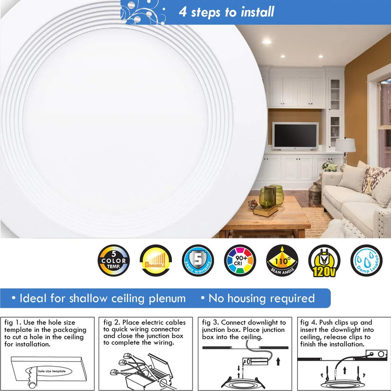 Mw 4 Inch Canless 5 Selectable Color Temperature Ultra-Slim Baffle round LED Downlight with Junction Box, 2700/3000/3500/4000/5000K, Dimmable, 650LM, Energy Star Home & Garden > Lighting > Flood & Spot Lights MW LIGHTING   