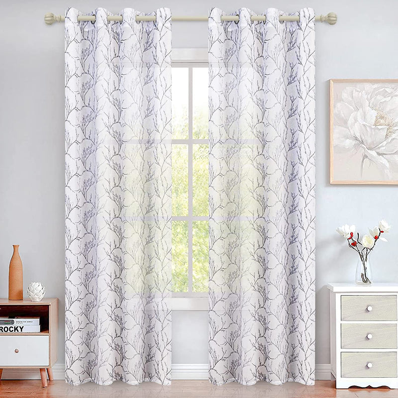 MYSKY HOME Blue Branch Pattern Sheer Curtains 95 Inch Length for Living Room Voile Grommet Window Curtain 2 Panels Home & Garden > Decor > Window Treatments > Curtains & Drapes MYSKY HOME Black 52"Wx95"L 