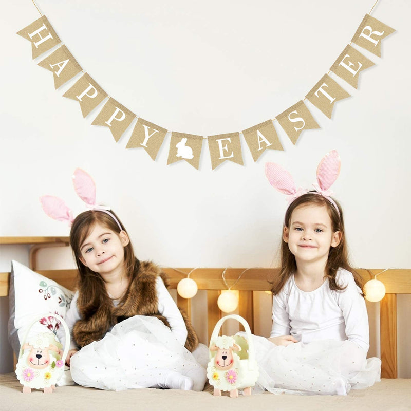 Burlap Happy Easter Banner | Rustic Easter Celebration Decorations | Happy Easter Bunting Garland with Rabbit Bunny Sign | Easter Party Decor Photo Props Home & Garden > Decor > Seasonal & Holiday Decorations Partyprops   