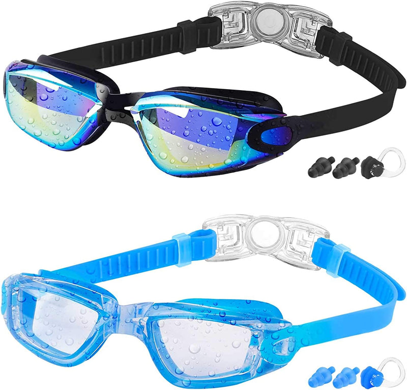 Kids Swim Goggles, 2 Packs Swimming Goggles for Kids Girls Boys and Child Age 4-16 Sporting Goods > Outdoor Recreation > Boating & Water Sports > Swimming > Swim Goggles & Masks COOLOO 07.black/Blue Ultramirrored Lens&blue/Clear Lens  