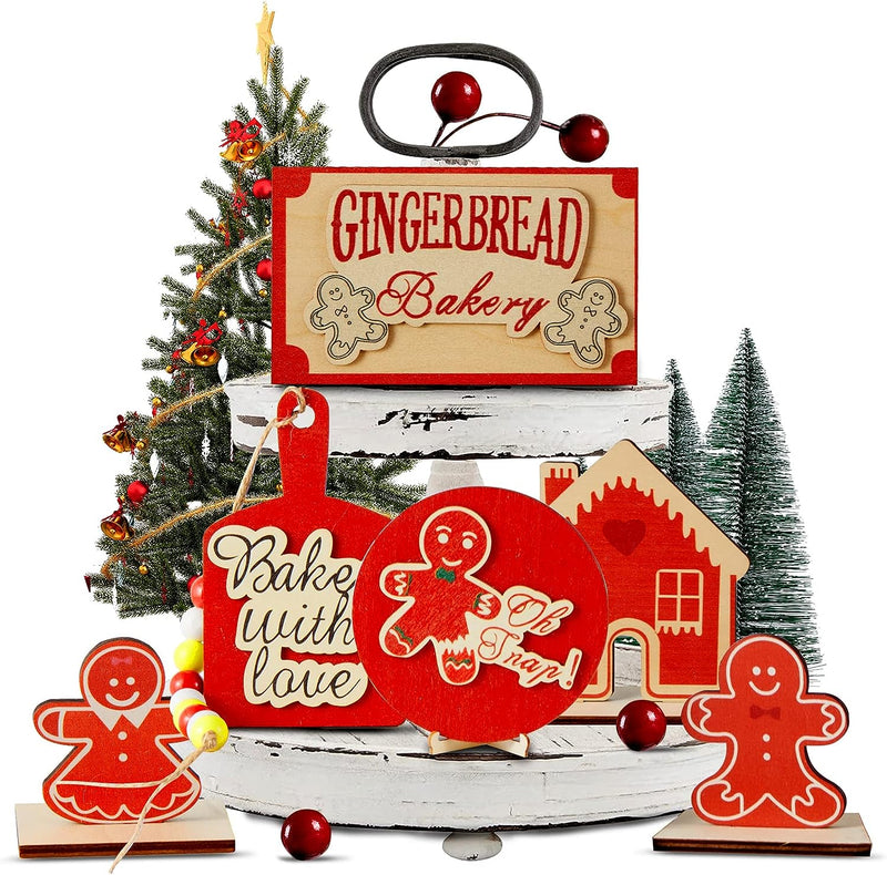 12Pcs Christmas Tiered Tray Decor Winter Table Gingerbread Snowmen Santa Decors Wooden Sign Decorations Xmas Tabletop Farmhouse Coffee Signs for Christmas Party Home Kitchen Holiday  AMOCANE Red  
