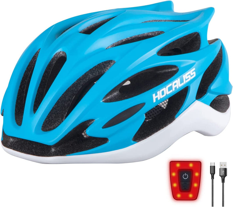 HOCALISS Adult Bike Helmet, Road Bicycle Helmet with LED Rear Light for Adult Men Women Skateboard Skating Roller Skates Cycling Sport Sporting Goods > Outdoor Recreation > Cycling > Cycling Apparel & Accessories > Bicycle Helmets HOCALISS Blue White  