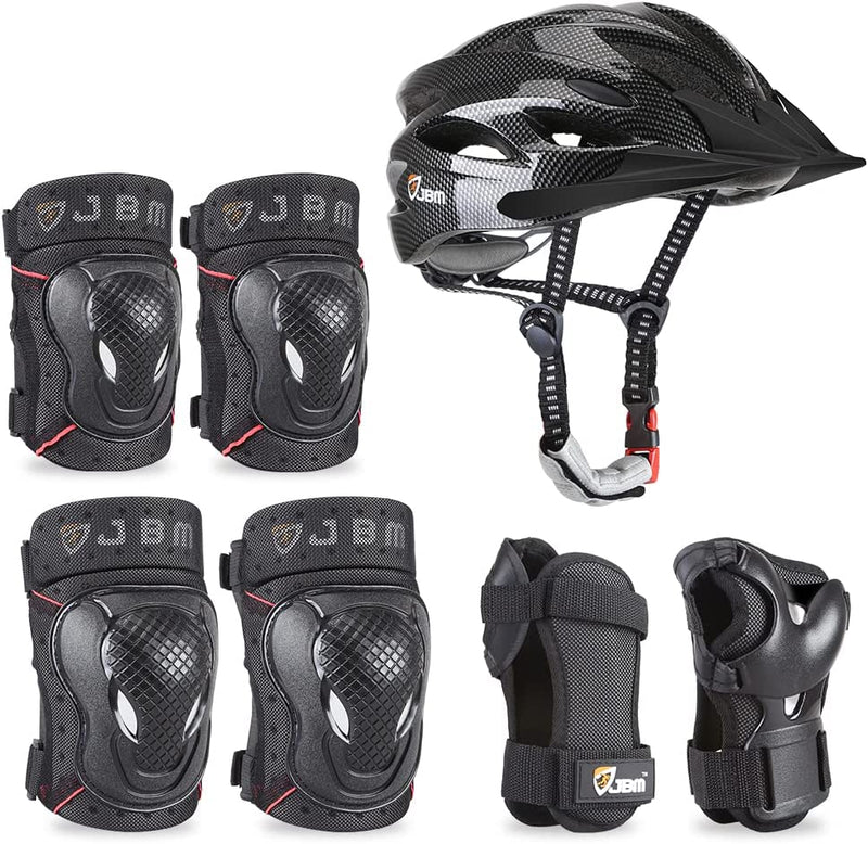 JBM 7 Pieces Protective Gear Set - Bike Helmet for Adult Knee&Elbow Pads and Wrist Guards, Adjustable Cycling Helmet with Visor Safety Pad Set Outdoor Sports Protective Gear Set (Black, Adult) Sporting Goods > Outdoor Recreation > Cycling > Cycling Apparel & Accessories > Bicycle Helmets JBM international Black Adult 