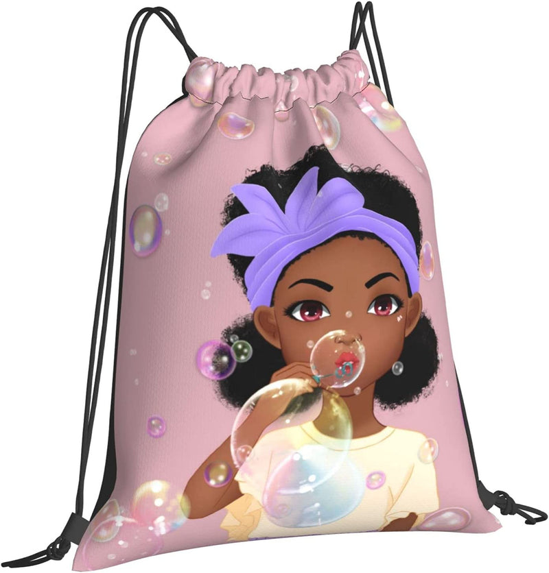 Fzryhaika African American Black Girl Print Drawstring Backpack Bag, Sports Gym Bag Sackpack String Bag for Girls Home & Garden > Household Supplies > Storage & Organization Fzryhaika   