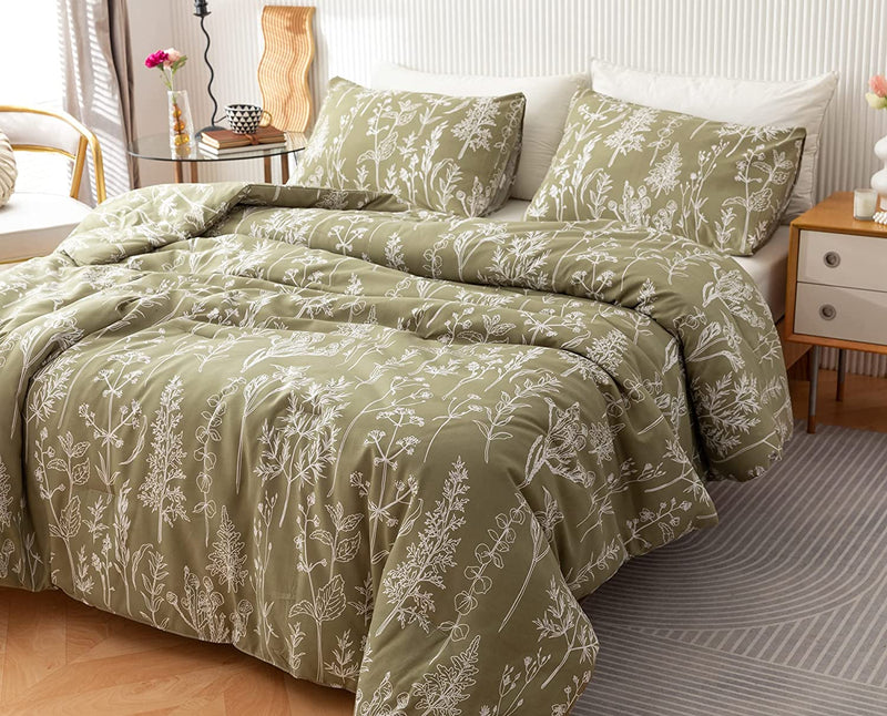 Janzaa Queen Comforter Sets Olive Green Comforter,3 PCS Bedding Sets Floral Comforter Set Plant Flowers Printed on Green Comforter Set Home & Garden > Linens & Bedding > Bedding JANZAA   