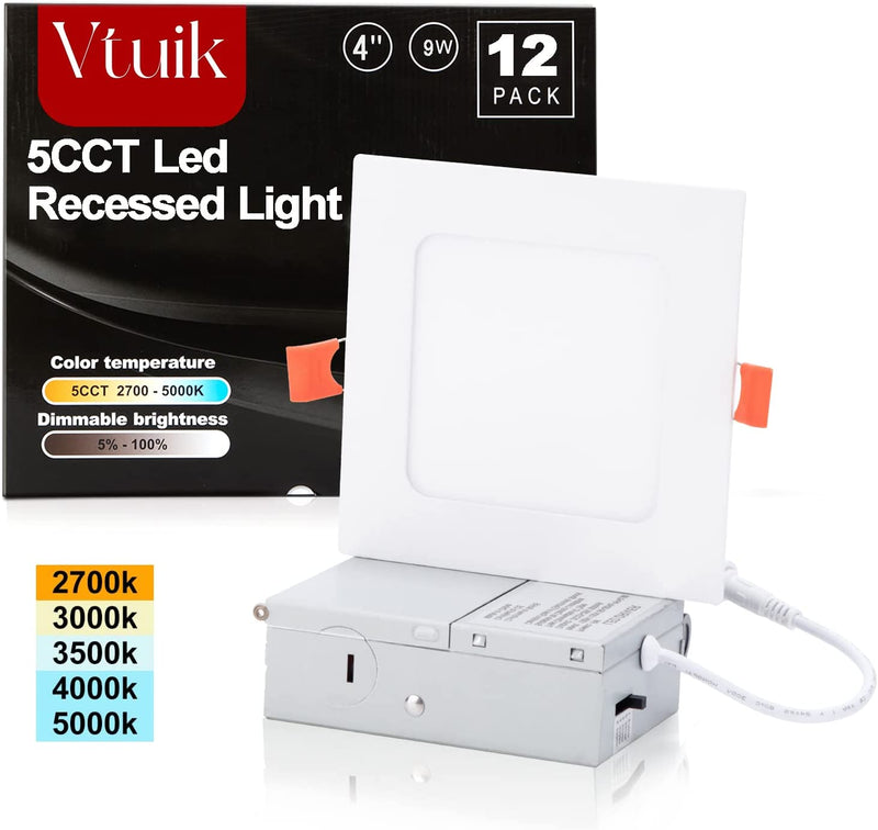 Vtuik 6 Pack 4 Inch Square Led Recessed Lighting,9W Dimmable LED Can Light Retrofit with Junction Box, 720Lm LED Downlight 5CCT 2700K-5000K Adjustable with a Simple Switch IC Rated,Etl Listed Home & Garden > Lighting > Flood & Spot Lights Vtuik Square 12PACK 