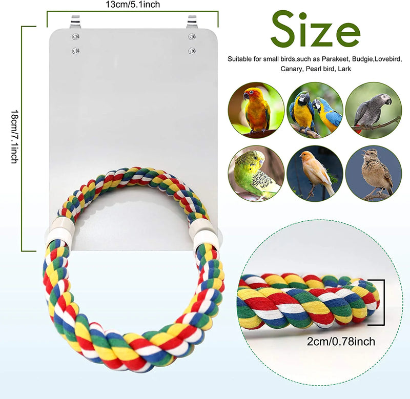 BWOGUE 7 Inch Bird Mirror with Rope Perch Cockatiel Mirror for Cage Bird Toys Swing Parrot Cage Toys for Parakeet Cockatoo Cockatiel Conure Lovebirds Finch Canaries Animals & Pet Supplies > Pet Supplies > Bird Supplies > Bird Toys BWOGUE   