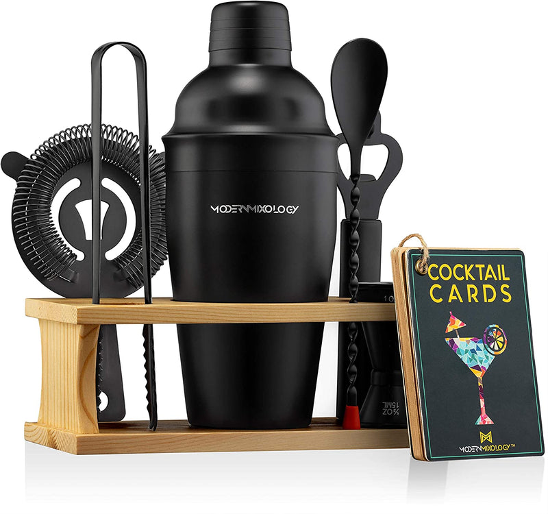 Mixology Bartender Kit with Stand | Silver Bar Set Cocktail Shaker Set for Drink Mixing - Bar Tools: Martini Shaker, Jigger, Strainer, Bar Mixer Spoon, Tongs, Opener | Gift Idea Home & Garden > Kitchen & Dining > Barware Modern Mixology Black  