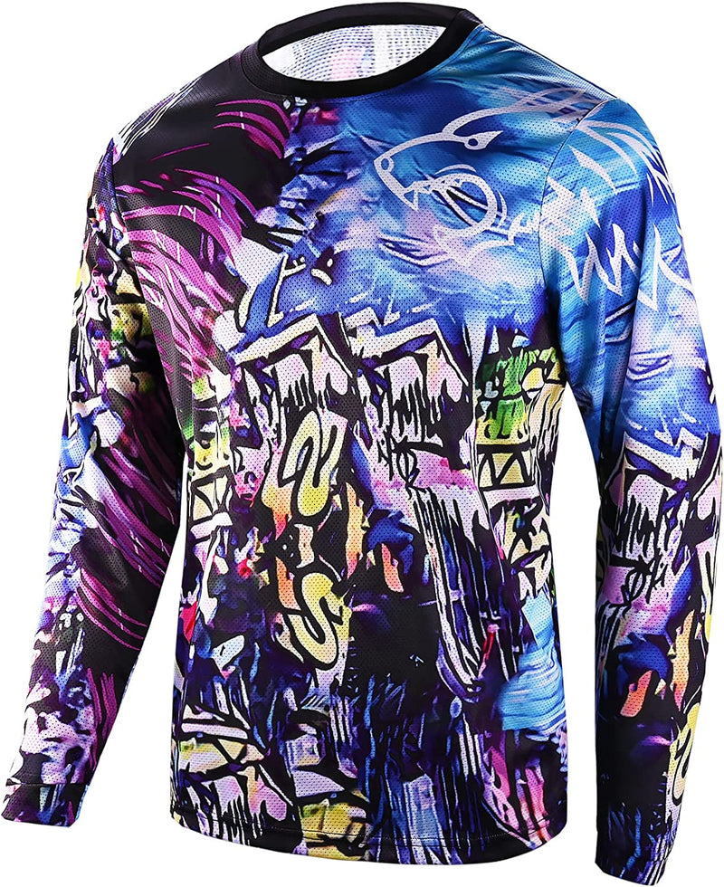 Men'S Mountain Bike Shirts Long Sleeve MTB Off-Road Motocross Jersey Quick Dry&Moisture-Wicking Sporting Goods > Outdoor Recreation > Cycling > Cycling Apparel & Accessories Wisdom Leaves Mixed/Blue 3X-Large 