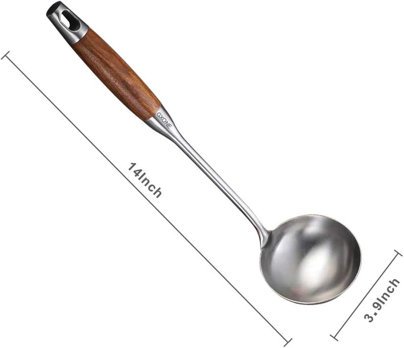 Soup Ladle ,304 Stainless Steel Cooking Ladle Spoon Wok Tools with Long Wooden Handle Heat Resistant,Silver/14.6Inch