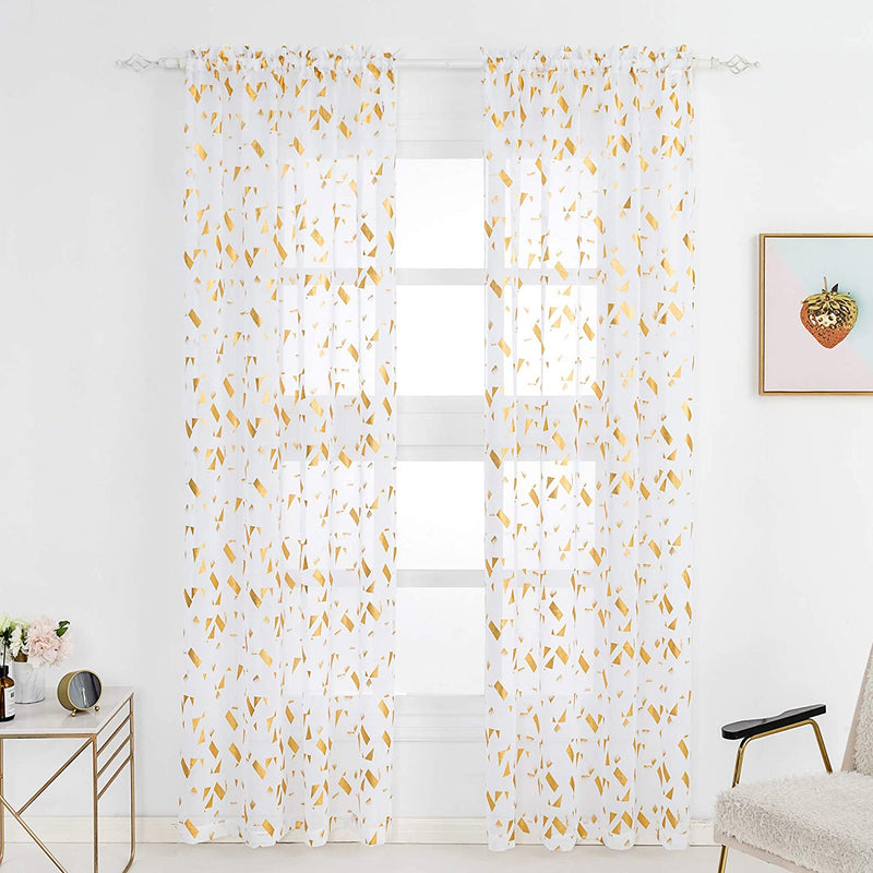 Kotile Sheer Curtains 84 Inches Long - Gold Foil Confetti Design Rod Pocket White Sheer Curtain for Living Room, 52 X 84 Inch, Set of 2 Panels Home & Garden > Decor > Window Treatments > Curtains & Drapes Kotile   