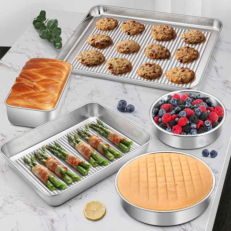 Homikit Baking Pan Set of 5, Stainless Steel Bakeware Sets Nonstick, Heavy Duty Metal Baking Sheets Tray and round Cake Bread Meatloaf Pans Great for Oven Cooking Roasting, Rust Free & Dishwasher Safe Home & Garden > Kitchen & Dining > Cookware & Bakeware Homikit   