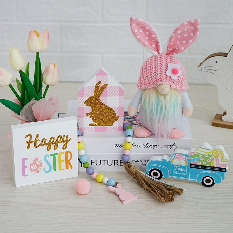 Easter Decorations, 5Pcs Easter Gnome Tiered Tray Decor, 3 Glitter Easter Wood Signs, Truck Full of Eggs, Easter Bunny Gnome Plush, Spring Easter Bead Garland,Rustic Farmhouse Spring Easter Decor Home & Garden > Decor > Seasonal & Holiday Decorations KnomeKo   