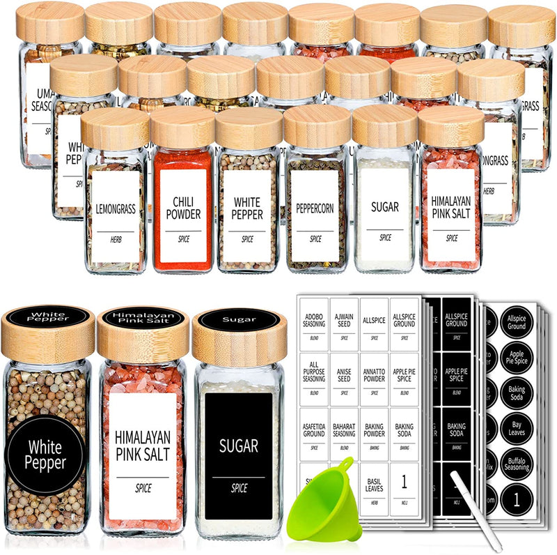 Churboro 48 Spice Jars with Labels- Spice Jars with Bamboo Lids - 4 Oz Glass Spice Containers with Shaker Lids, 547 Spice Labels of 3 Different Types Seasoning Jars for Spice Rack, Cabinet, or Drawer
